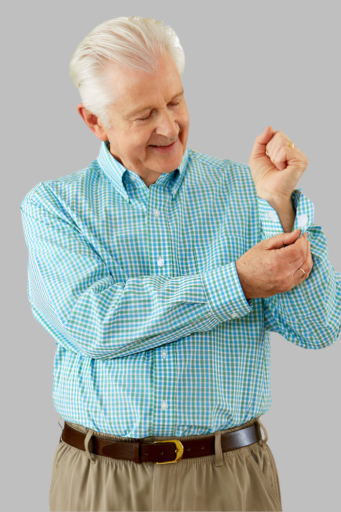 Long Sleeve Gingham Shirt With VELCRO® Fasteners for men by Buck & Buck in Gray, and available in different sizes. This tops item is part of our shirts collection.
