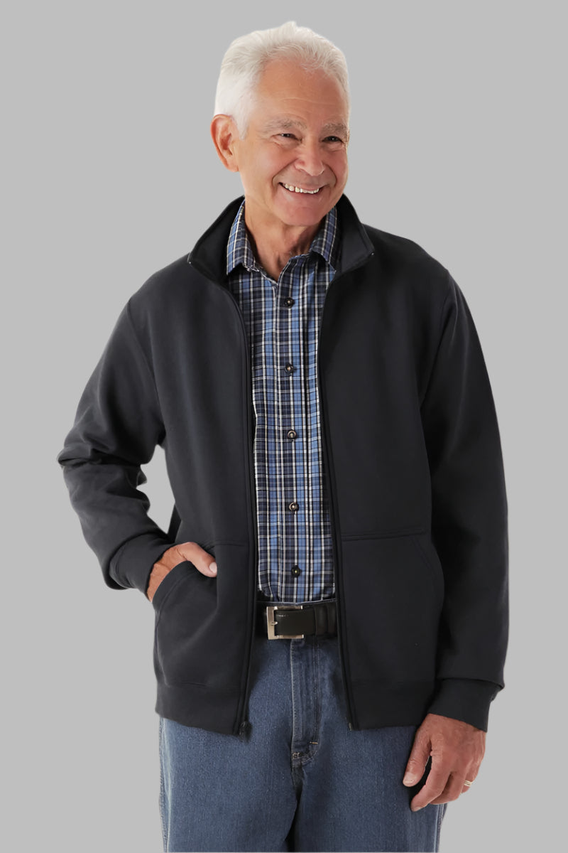 Men's Zip Front Fleece Zip-Up by Buck & Buck in Black, and available in different sizes. This tops item is part of our cardigans collection.