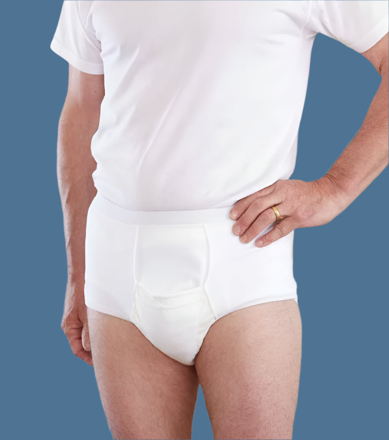 Washable Incontinence Brief for men by Buck & Buck in White Size Waist (inches) S 30'' – 32'' M 34'' – 36'' L 38'' – 40'' XL 42'' – 44'' 2X 46'' – 48'', and available in different sizes. This undergarments item is part of our briefs collection.