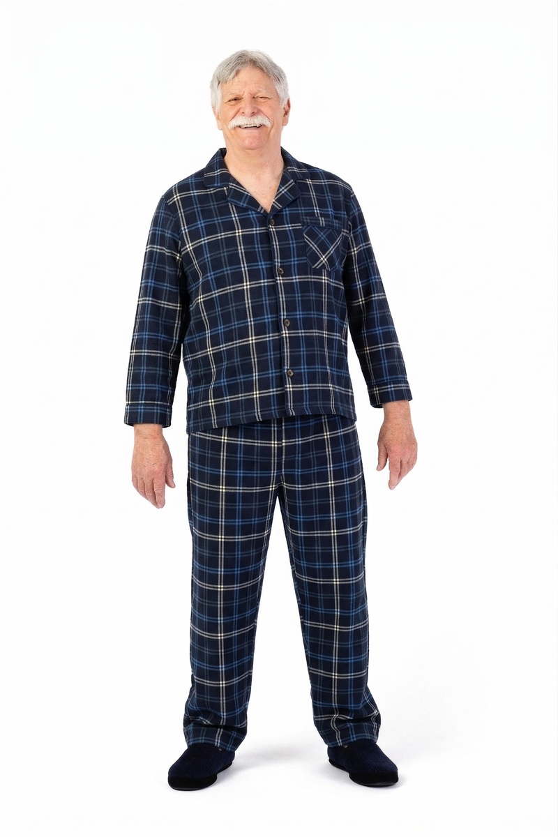 Men's Flannel Pajamas With VELCRO® Fasteners at Front by Foxfire in navy & white plaid, and available in different sizes. This men's pajama set is part of our sleepwear collection.