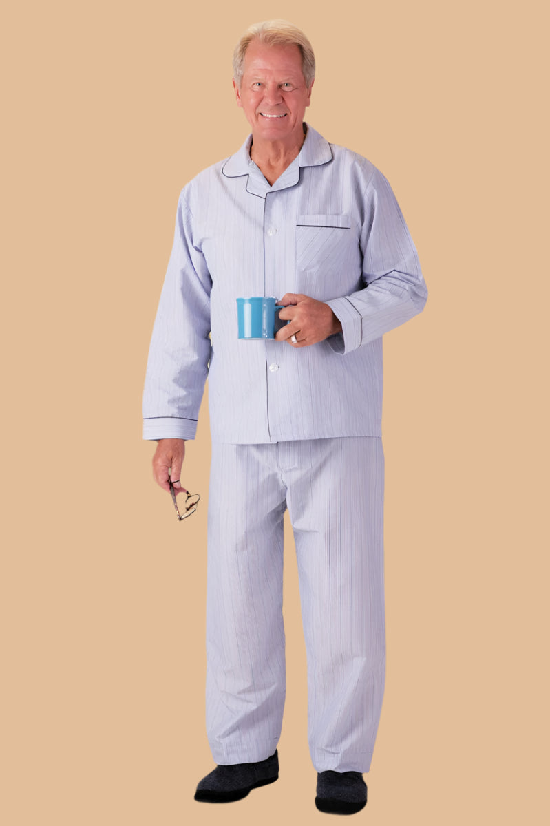 Men's Cotton/Poly Pajamas With VELCRO® Fastener Front by Buck & Buck in Blue, and available in different sizes. This sleepwear item is part of our pajamas collection.