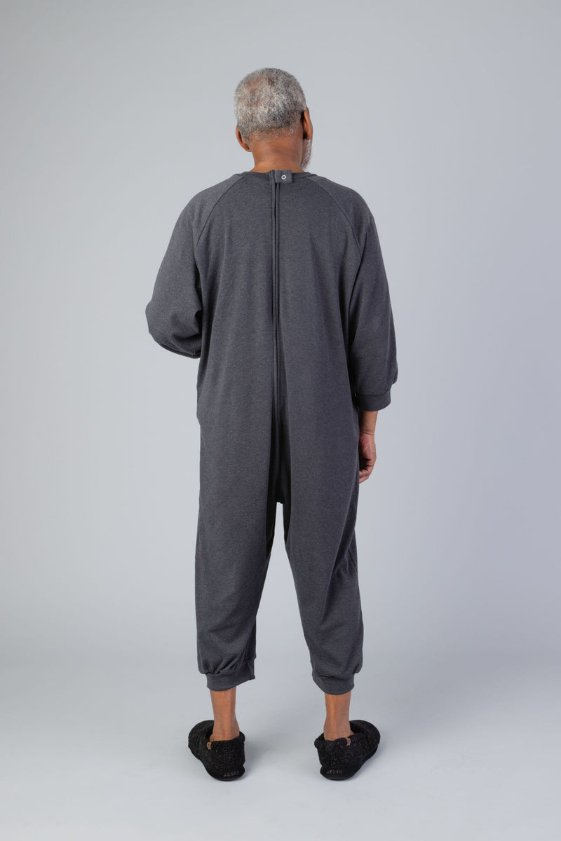 Men's Knicker Back-Zip Sleep Suit by Buck & Buck in charcoal, and available in different sizes. This one-piece garments item is part of our sleepwear & loungewear collection.