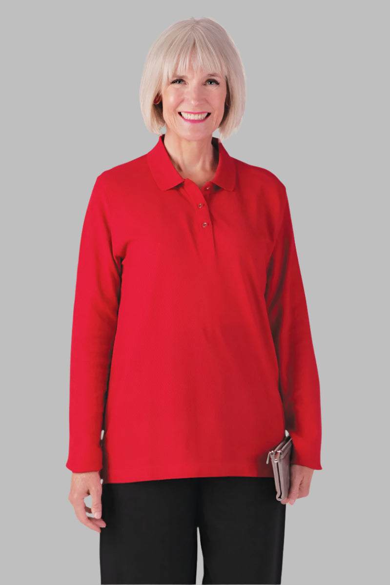 Women's Long Sleeve Polo Shirt by Buck & Buck in Red, and available in different sizes. This tops item is part of our polos collection.