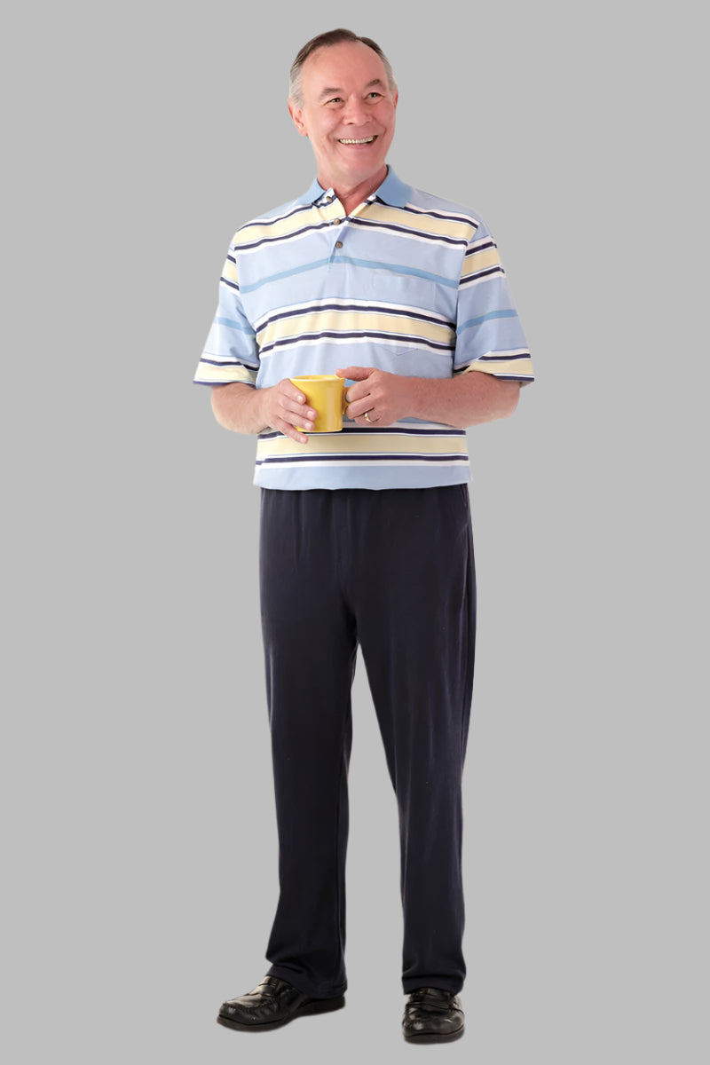 Men's Lightweight Short-Sleeve Polo Jumpsuit by Buck & Buck in Black Top/Black Pants, and available in different sizes. This one-piece garments item is part of our one-pieces collection.