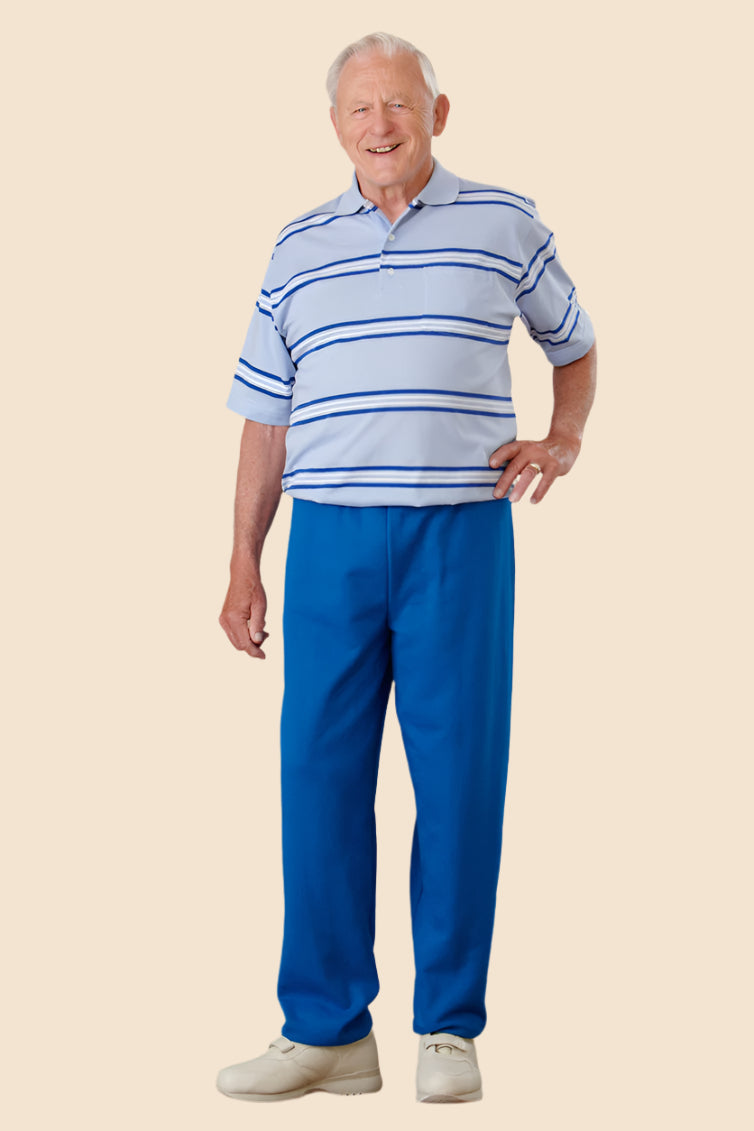 Men's Short Sleeve Polo Jumpsuit by Buck & Buck in Tan/Beige Top/Navy Pants, and available in different sizes. This one-piece garments item is part of our one-pieces collection.