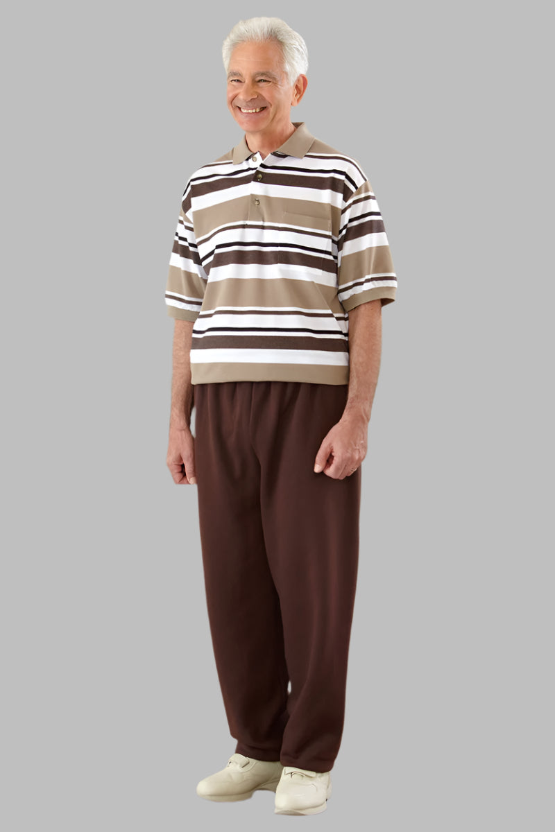 Men's Short Sleeve Polo Jumpsuit by Buck & Buck in Tan/Beige Top/Black Pants, and available in different sizes. This one-piece garments item is part of our one-pieces collection.