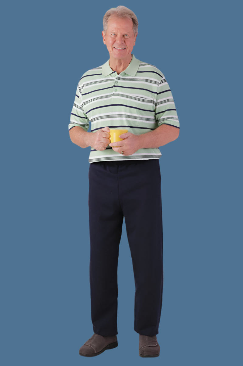 Men's Short Sleeve Polo Jumpsuit by Buck & Buck in Yellow Top/Navy Pants, and available in different sizes. This one-piece garments item is part of our one-pieces collection.
