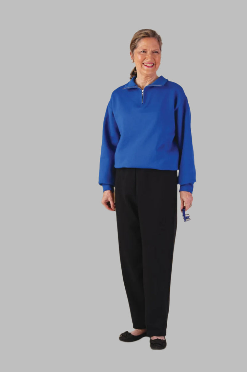 Women's 1/4 Zip Jumpsuit by Buck & Buck in Royal Top/Black Pants, and available in different sizes. This one-piece garments item is part of our one-pieces collection.