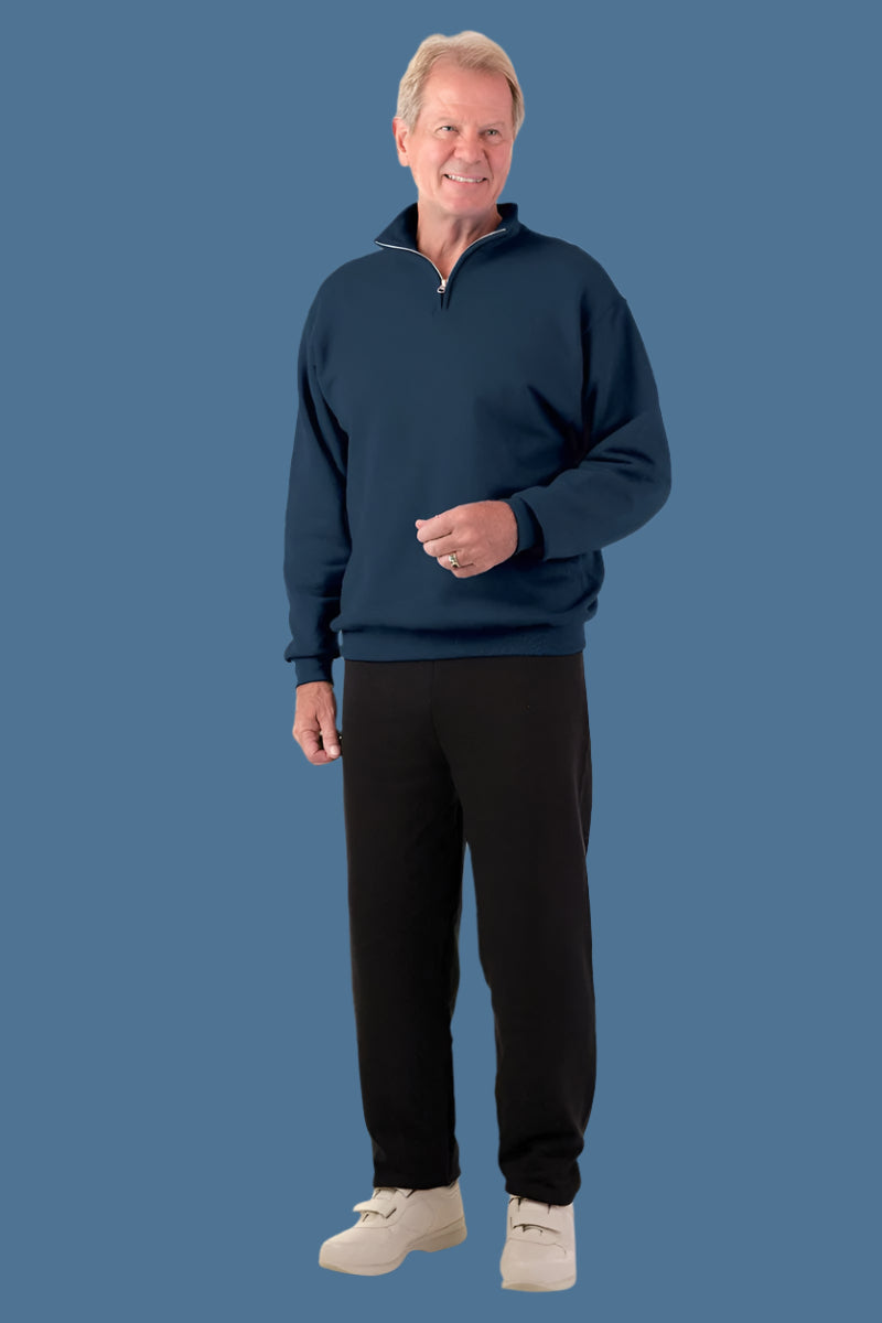Men's 1/4 Zip Jumpsuit by Buck & Buck in Navy Top/Black Pants, and available in different sizes. This one-piece garments item is part of our one-pieces collection.