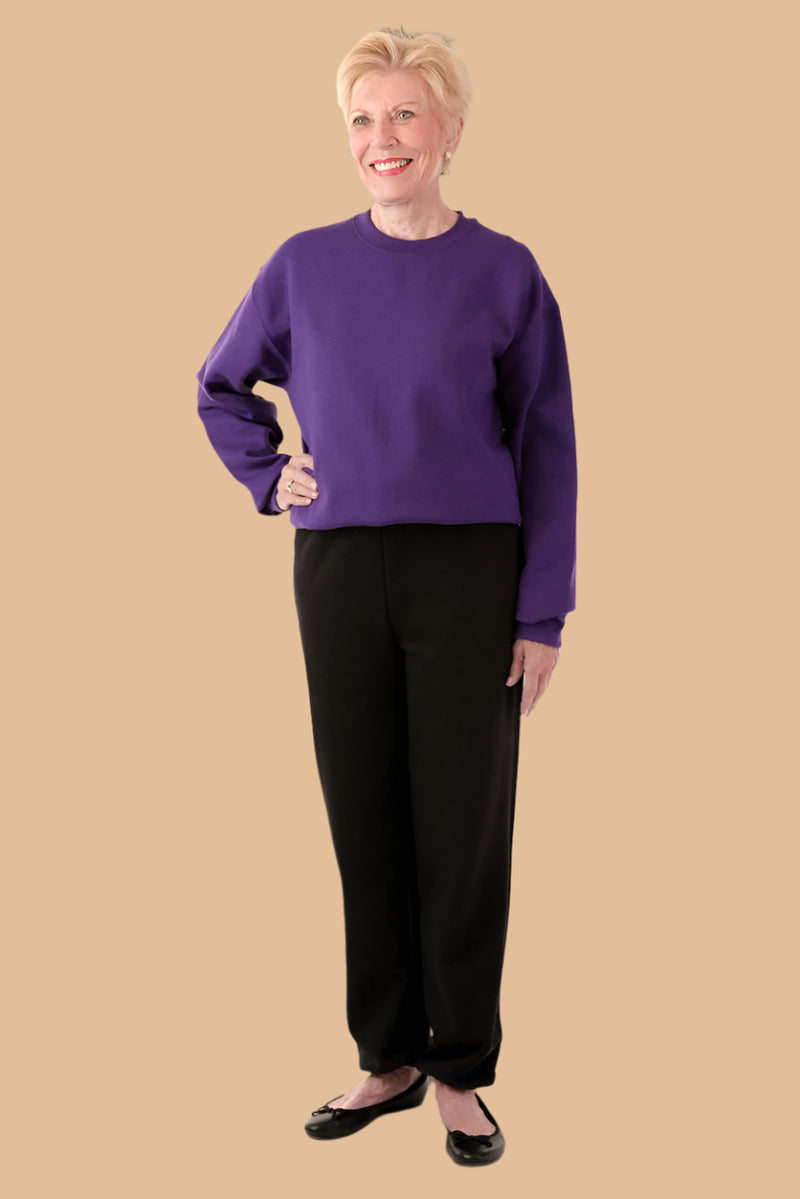 Women's Two-Tone Jumpsuit by Buck & Buck in Purple Top/Black Pants, and available in different sizes. This one-piece garments item is part of our one-pieces collection.