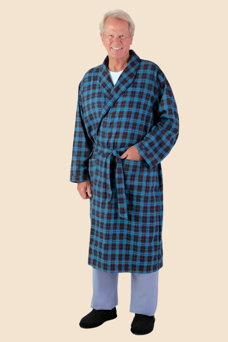 Plaid Flannel Robe for men by Buck & Buck in Blue, and available in different sizes. This sleepwear item is part of our robes collection.