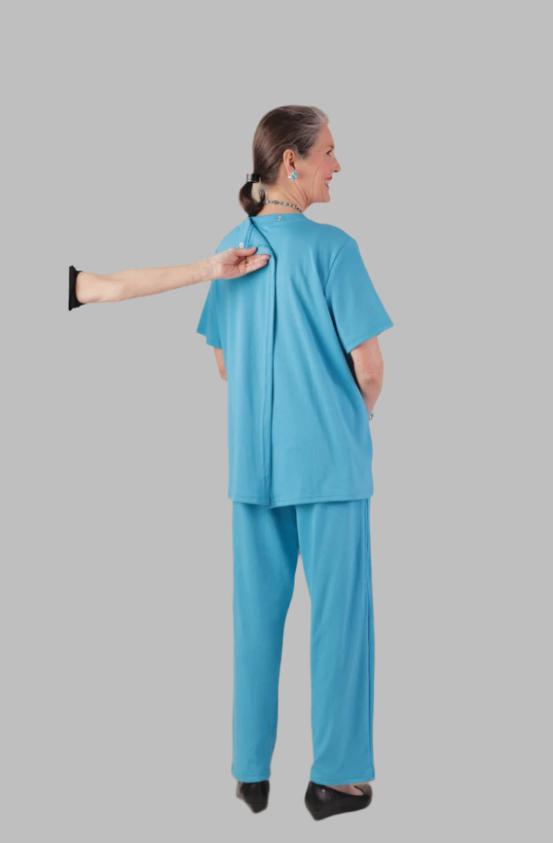 Women's Short Sleeve Wrap Back T-Shirt by Buck & Buck in Blue, and available in different sizes. This tops item is part of our t-shirts collection.