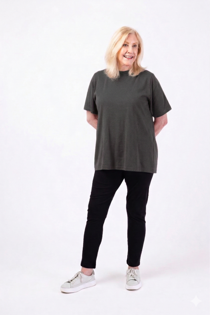 Women's Short Sleeve Wrap Back T-Shirt by Buck & Buck in charcoal, and available in different sizes. This tops item is part of our t-shirts collection.