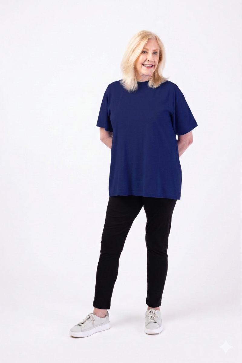 Women's Short Sleeve Wrap Back T-Shirt by Buck & Buck in Navy, and available in different sizes. This tops item is part of our t-shirts collection.