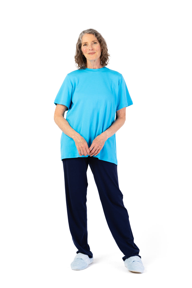 Women's Short Sleeve Wrap Back T-Shirt by Buck & Buck in turquoise, and available in different sizes. This tops item is part of our t-shirts collection.