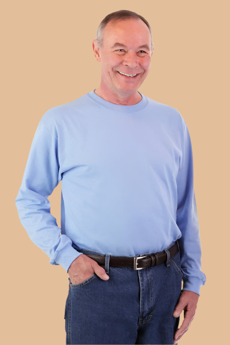 Men's Long Sleeve Wrap Back T-Shirt by Buck & Buck in medium blue, and available in different sizes. This tops item is part of our t-shirts collection.