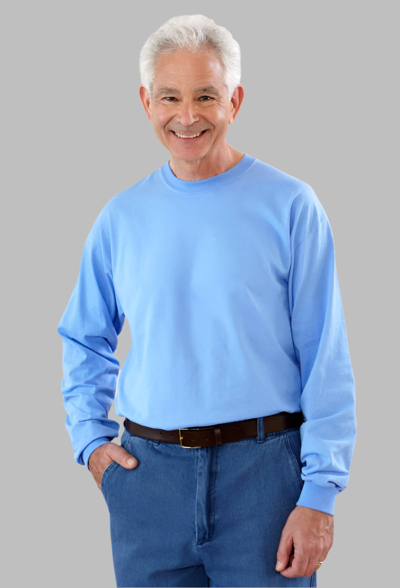 Men's Long Sleeve Solid wrap back T-Shirt by Buck & Buck in medium blue, and available in different sizes. This tops item is part of our t-shirts collection.