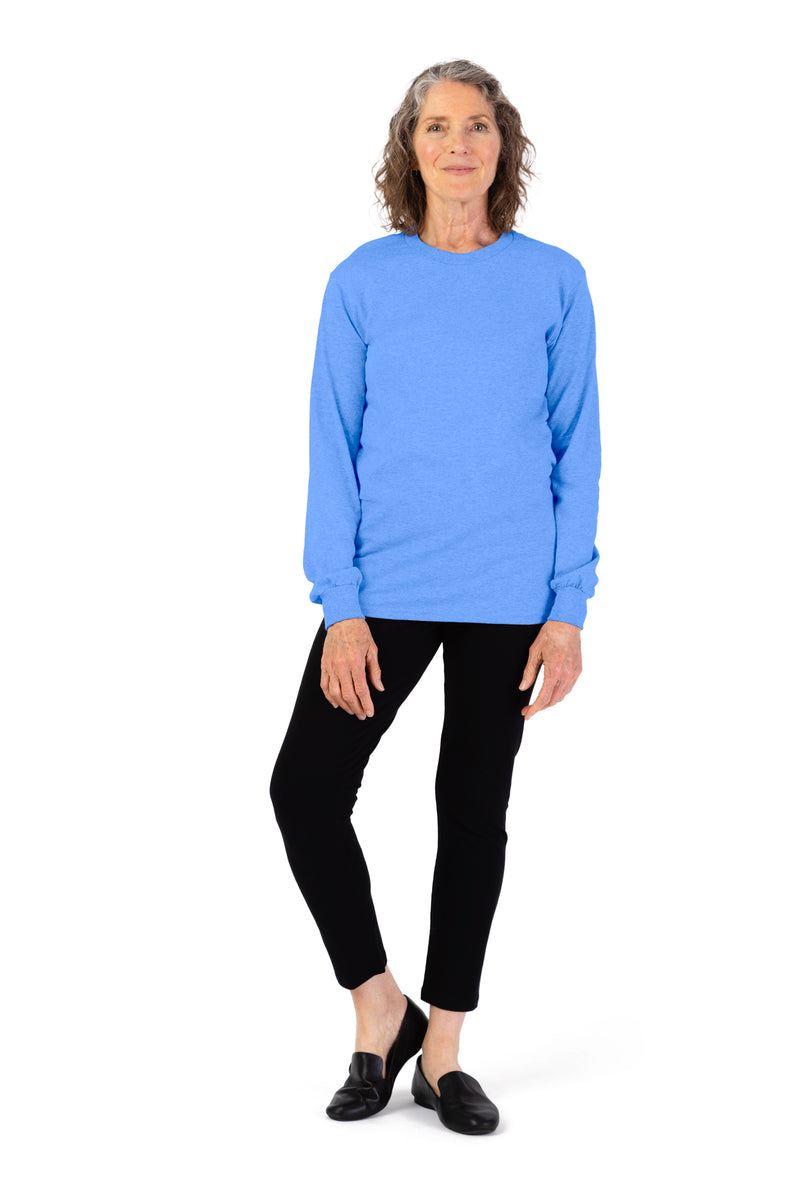 Women's Long Sleeve Solid T-Shirt by Buck & Buck in Medium Blue, and available in different sizes. This tops item is part of our t-shirts collection.