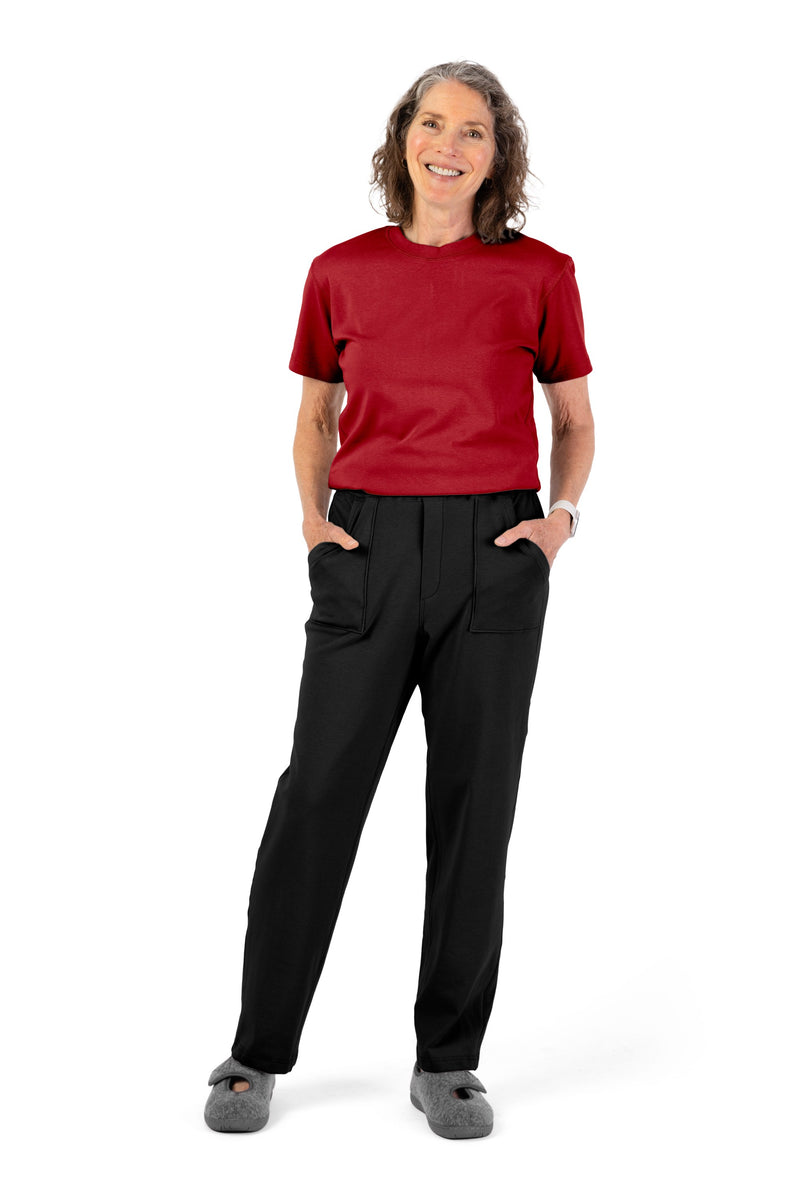 Women's Short Sleeve Jumpsuit by Buck & Buck in Red Top/Black Pants, and available in different sizes. This one-piece garments item is part of our one-pieces collection.