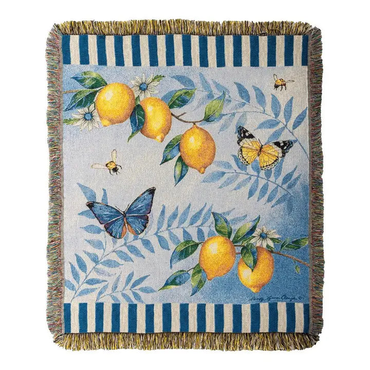 Lemons & Butterflies Woven Throw by Buck & Buck, and available only in a one-size option. This accessories & home item is part of our blankets collection.