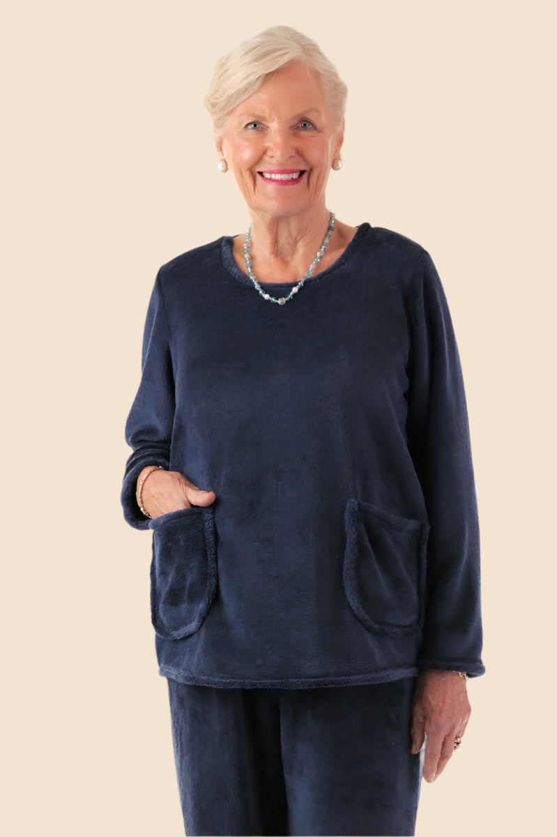 Pocketed So-Soft Wrap Back Top for women by Buck & Buck in Navy, and available in different sizes. This tops item is part of our tunics collection.