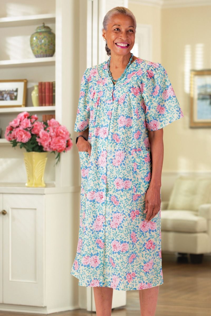 Cotton/Poly Snap Front Duster - No Collar Adaptive Clothing for Seniors,  Disabled & Elderly Care