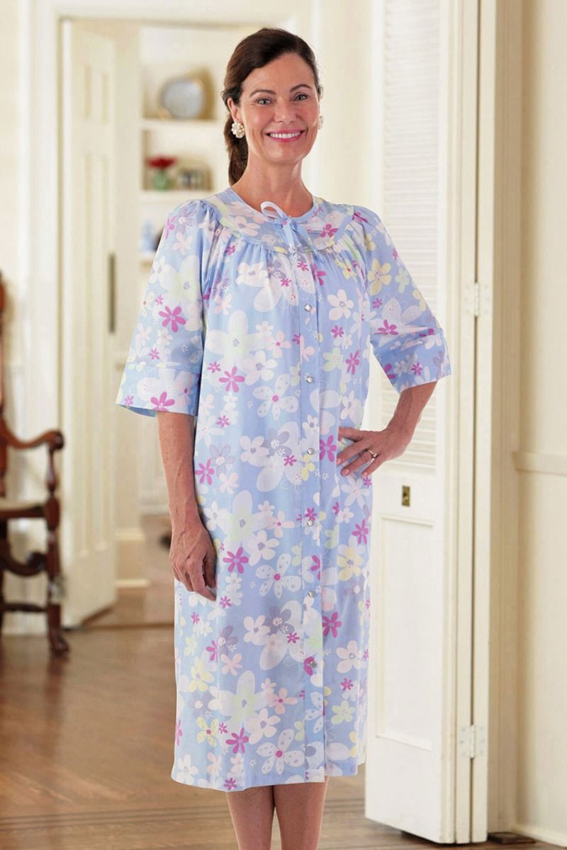Cotton Poly Snap Front Duster No Collar Adaptive Clothing for