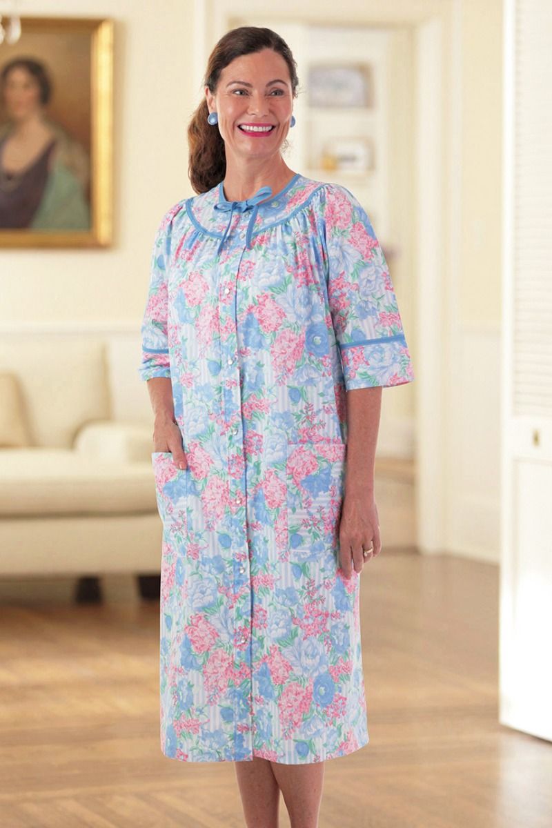 Cotton/Poly Snap Front Duster - No Collar Adaptive Clothing for Seniors,  Disabled & Elderly Care