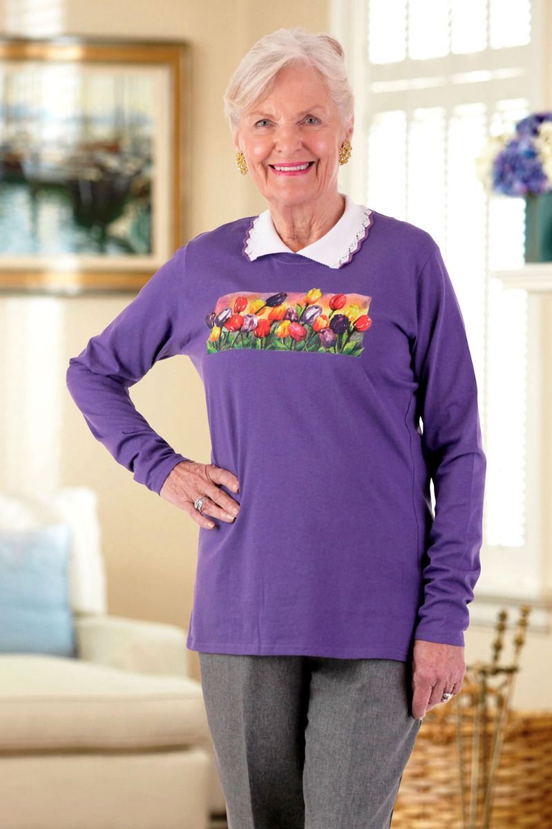 Women's Long Sleeve Printed T with Collar Adaptive Clothing for Seniors,  Disabled & Elderly Care