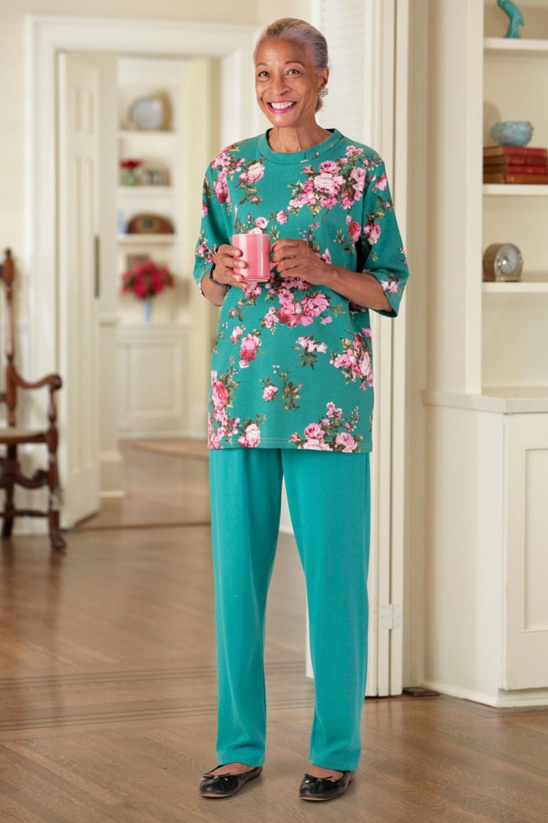 Short Sleeve Mixed Knit Set Adaptive Clothing for Seniors